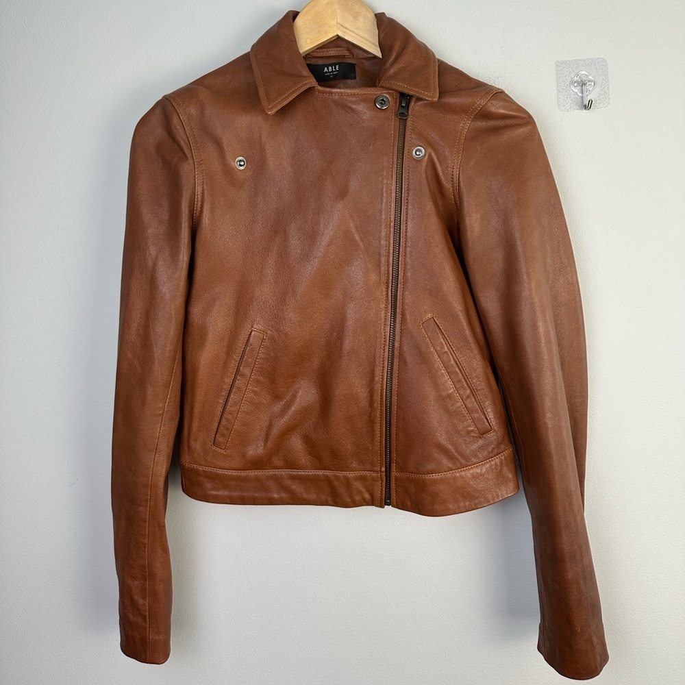 ABLE Maha Soft Lamb Leather Jacket XS in Whiskey Brown Cropped Moto Zipper Cuffs - Picture 7 of 16